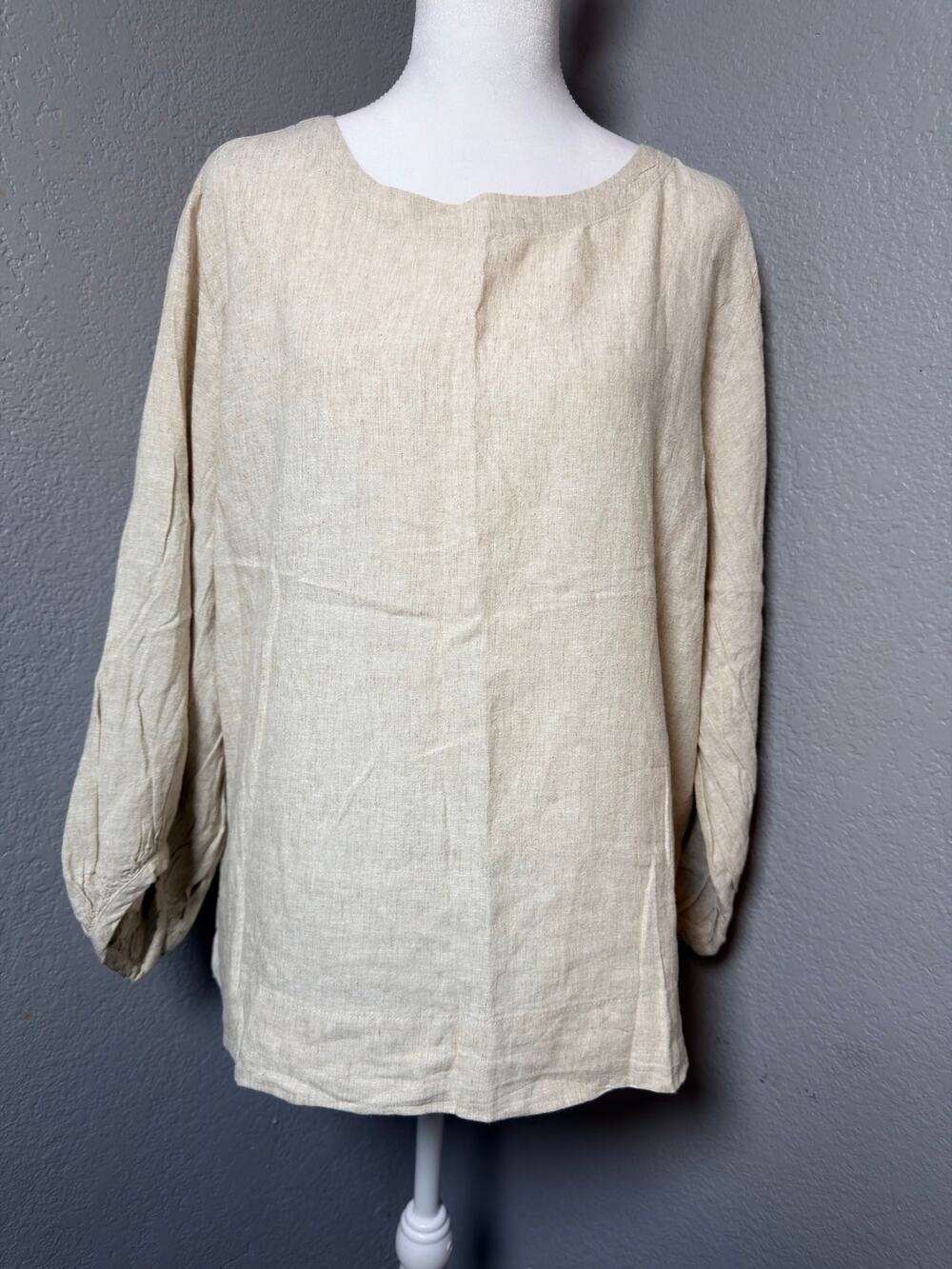 Matty M Linen Blend Boat Neck Blouse Oatmeal Beige 3/4 Sleeve Top XL